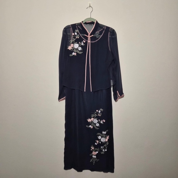 Robbie Bee 100% Silk Floral Navy Maxi Dress & Cardigan Romantic 2 Piece Set L - Picture 3 of 6